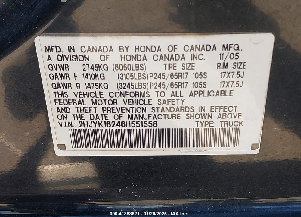 2006 HONDA RIDGELINE RT VIN: 2HJYK16246H551558