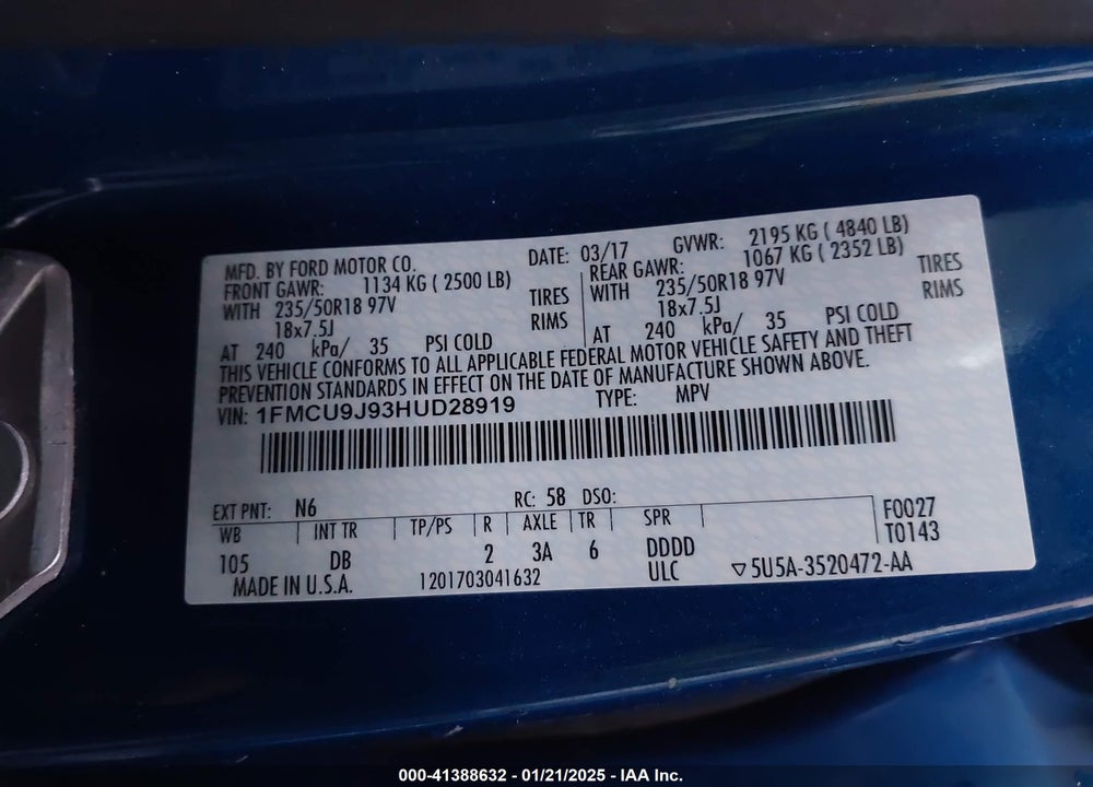 2017 FORD ESCAPE TITANIUM VIN: 1FMCU9J93HUD28919