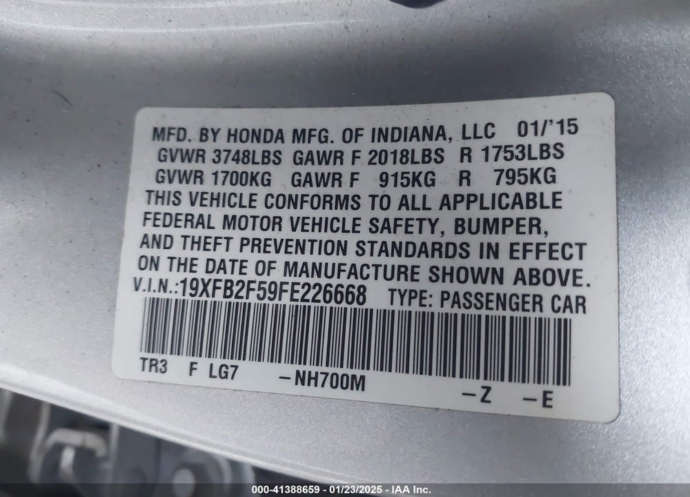 2015 HONDA CIVIC VIN: 19XFB2F59FE226668