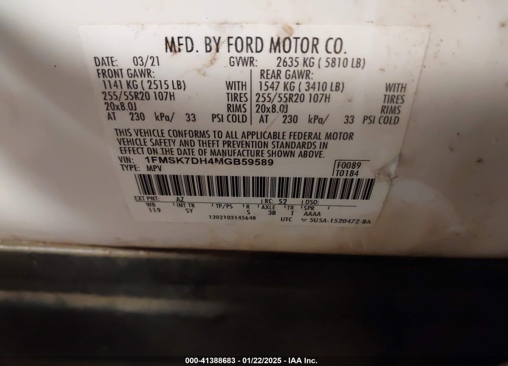 2021 FORD EXPLORER XLT VIN: 1FMSK7DH4MGB59589