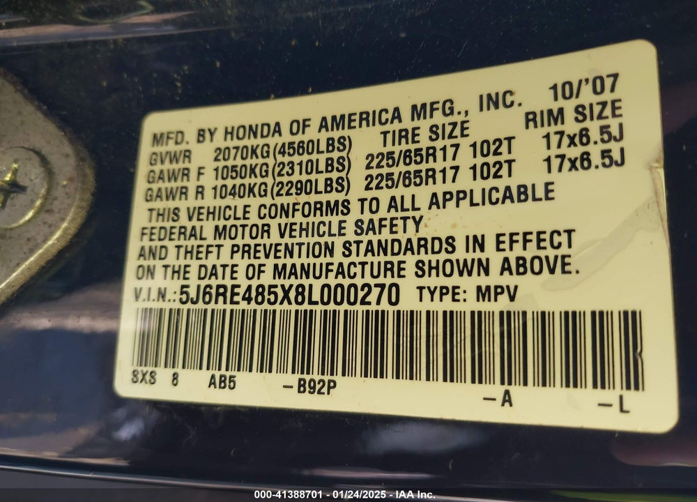 2008 HONDA CR-V EX VIN: 5J6RE485X8L000270