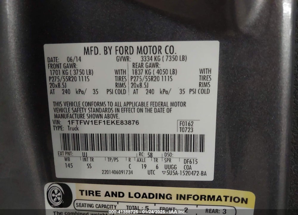2014 FORD F-150 VIN: 1FTFW1EF1EKE83876