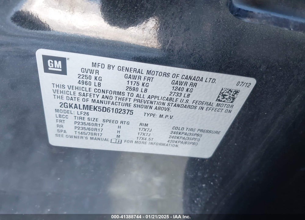 2013 GMC TERRAIN SLE-1 VIN: 2GKALMEK5D6102375