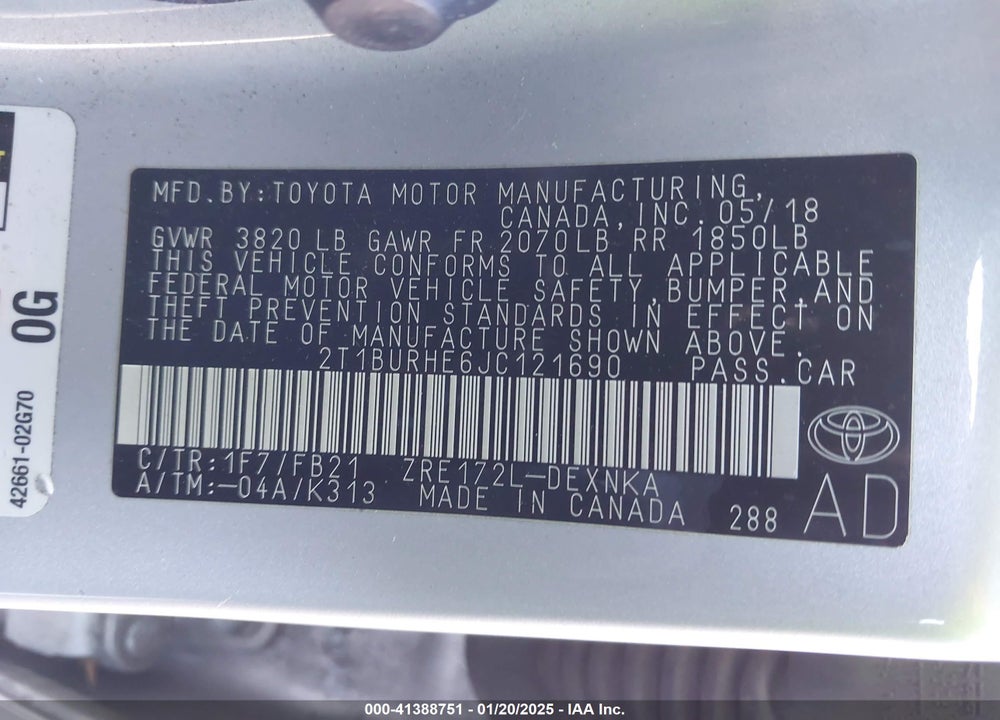 2018 TOYOTA COROLLA LE VIN: 2T1BURHE6JC121690