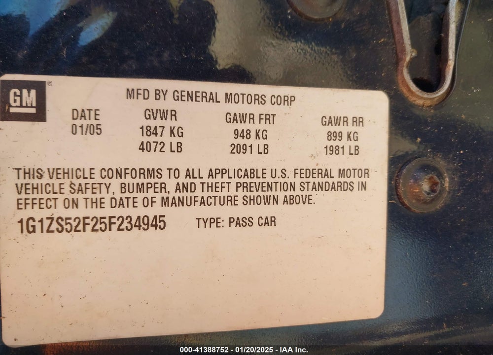 2005 CHEVROLET MALIBU VIN: 1G1ZS52F25F234945
