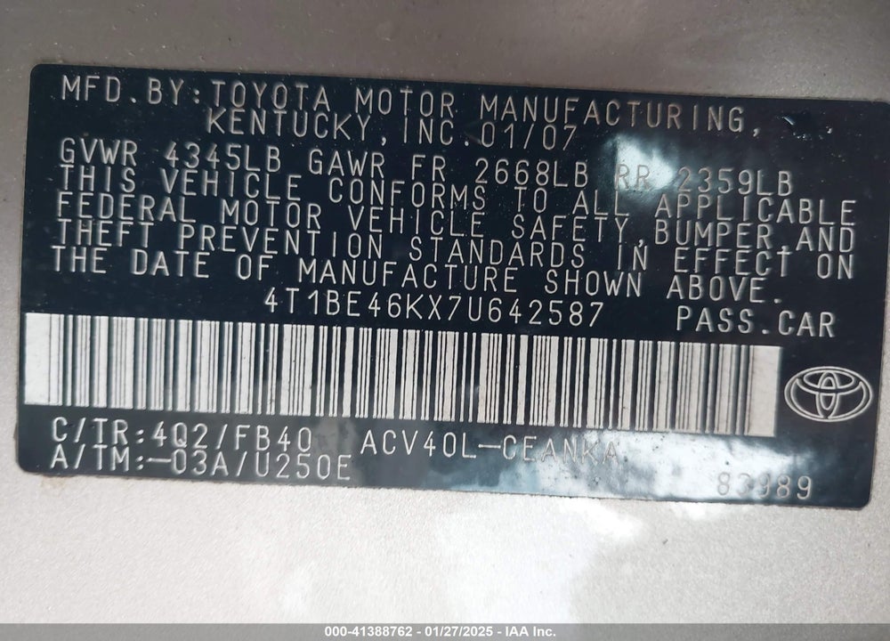 2007 TOYOTA CAMRY LE VIN: 4T1BE46KX7U642587