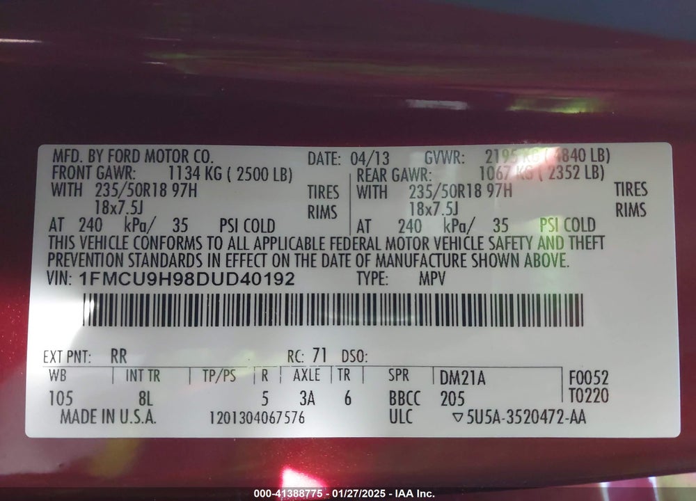 2013 FORD ESCAPE SEL VIN: 1FMCU9H98DUD40192