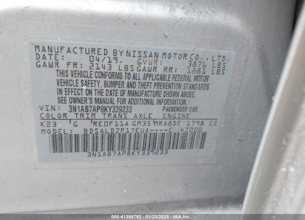 2019 NISSAN SENTRA VIN: 3N1AB7AP8KY339233