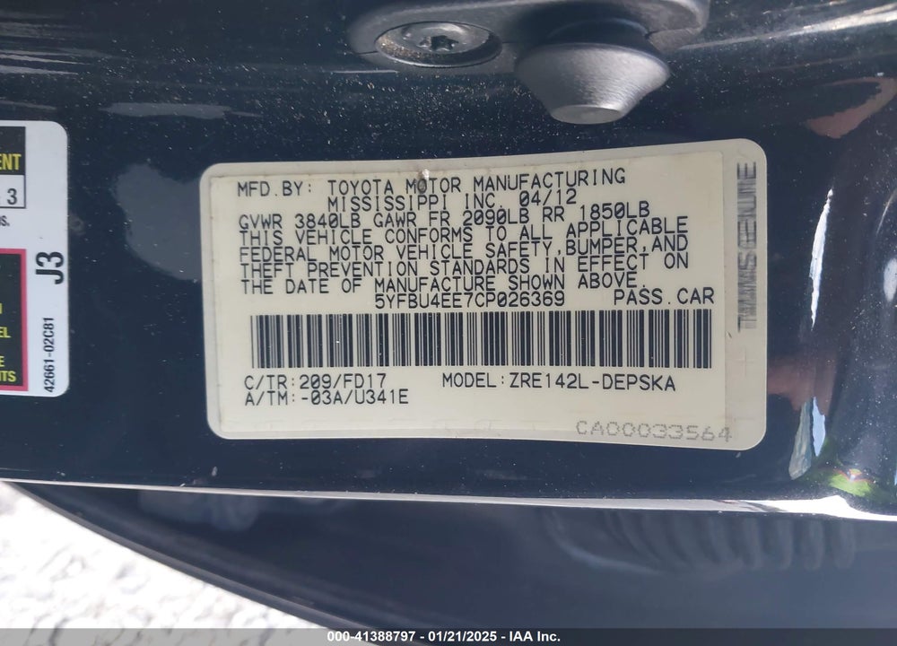 2012 TOYOTA COROLLA VIN: 5YFBU4EE7CP026369