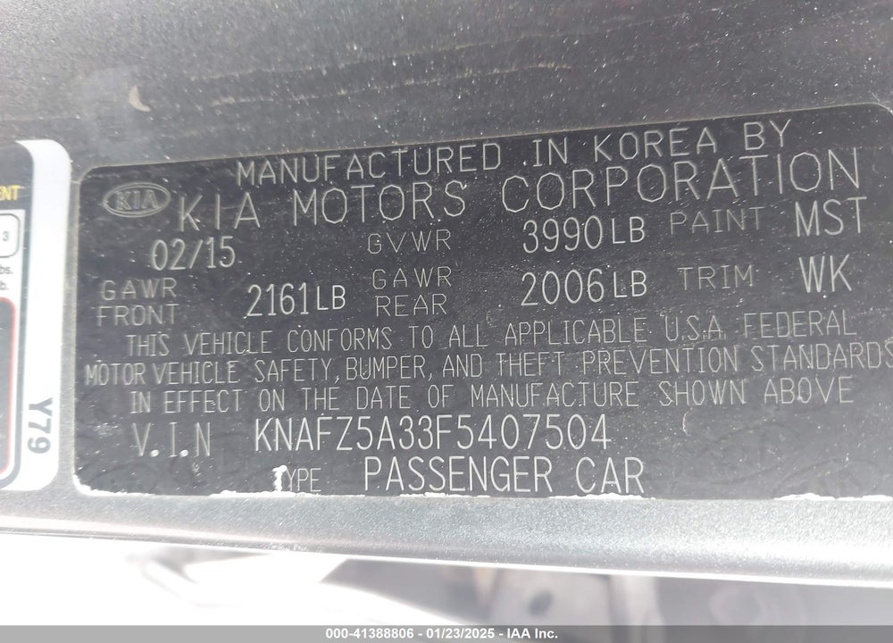 2015 KIA FORTE SX VIN: KNAFZ5A33F5407504