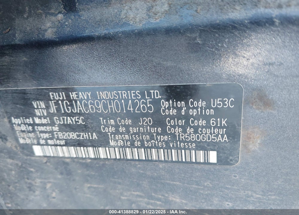 2012 SUBARU IMPREZA VIN: JF1GJAC69CH014265