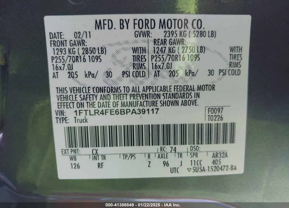2011 FORD RANGER VIN: 1FTLR4FE6BPA39117