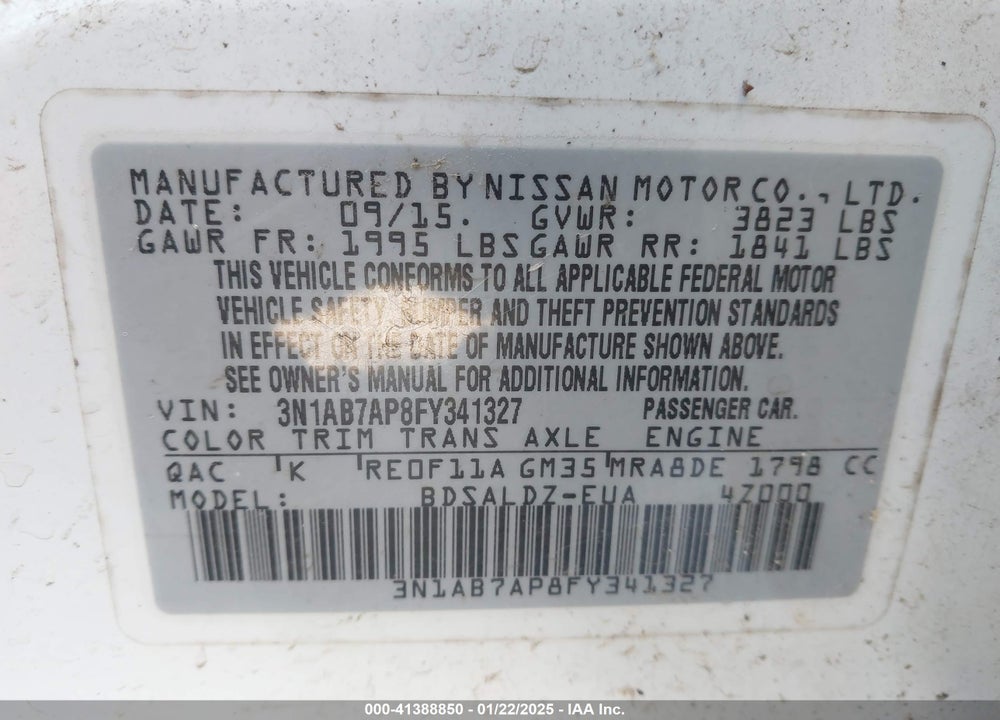 2015 NISSAN SENTRA VIN: 3N1AB7AP8FY341327