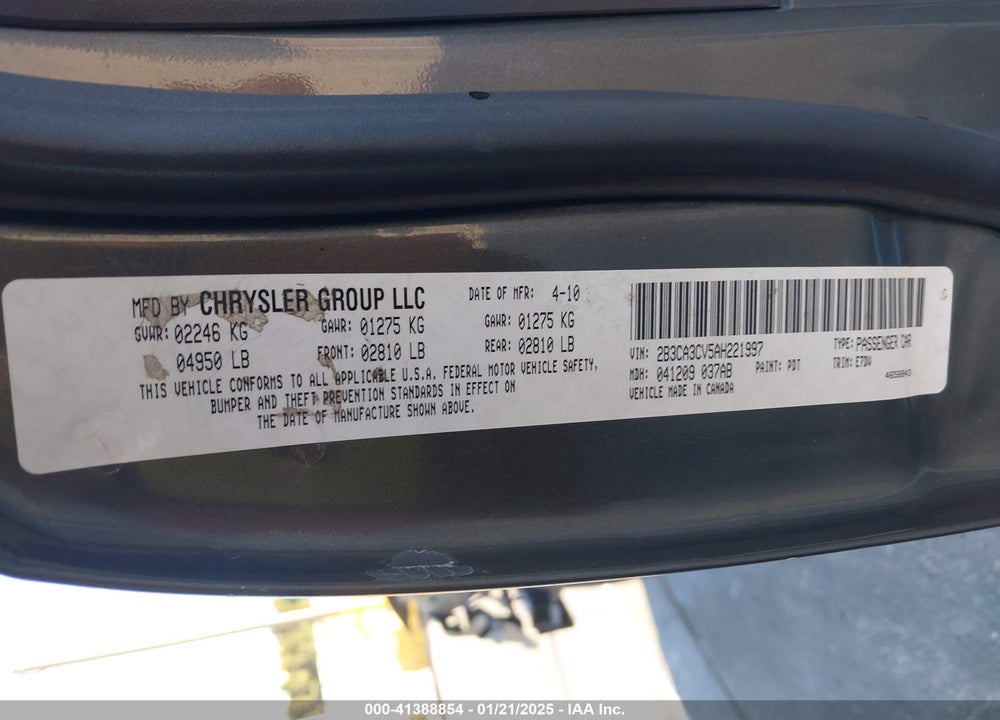 2010 DODGE CHARGER SXT VIN: 2B3CA3CV5AH221997