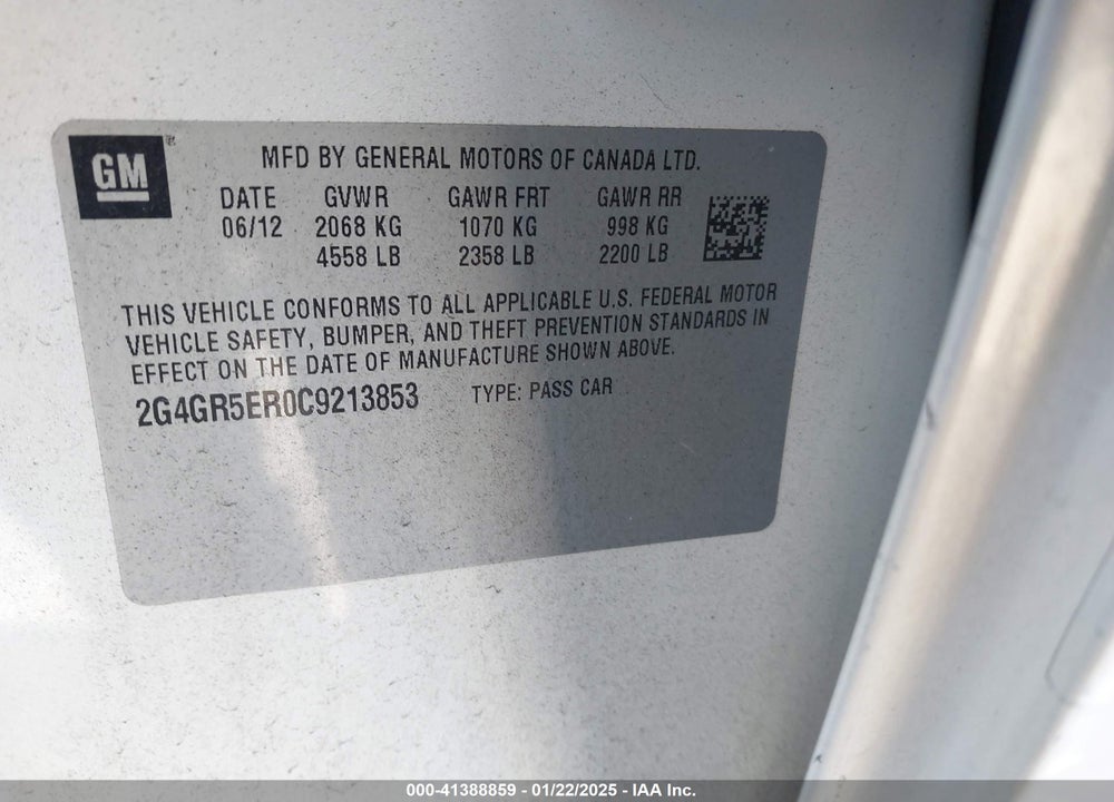 2012 BUICK REGAL VIN: 2G4GR5ER0C9213853