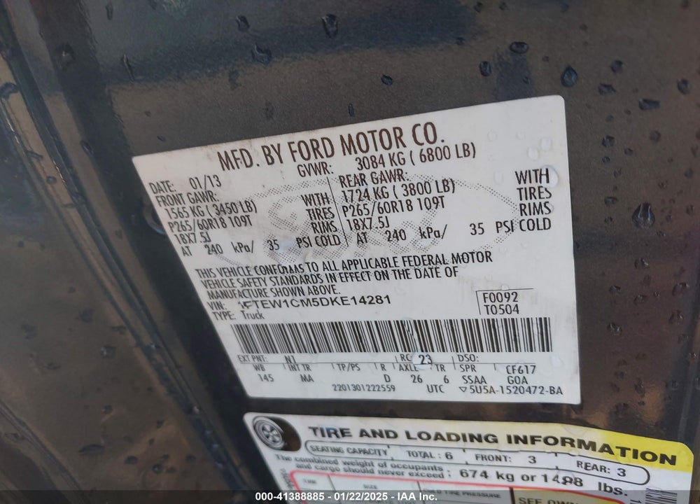 2013 FORD F-150 VIN: 1FTEW1CM5DKE14281