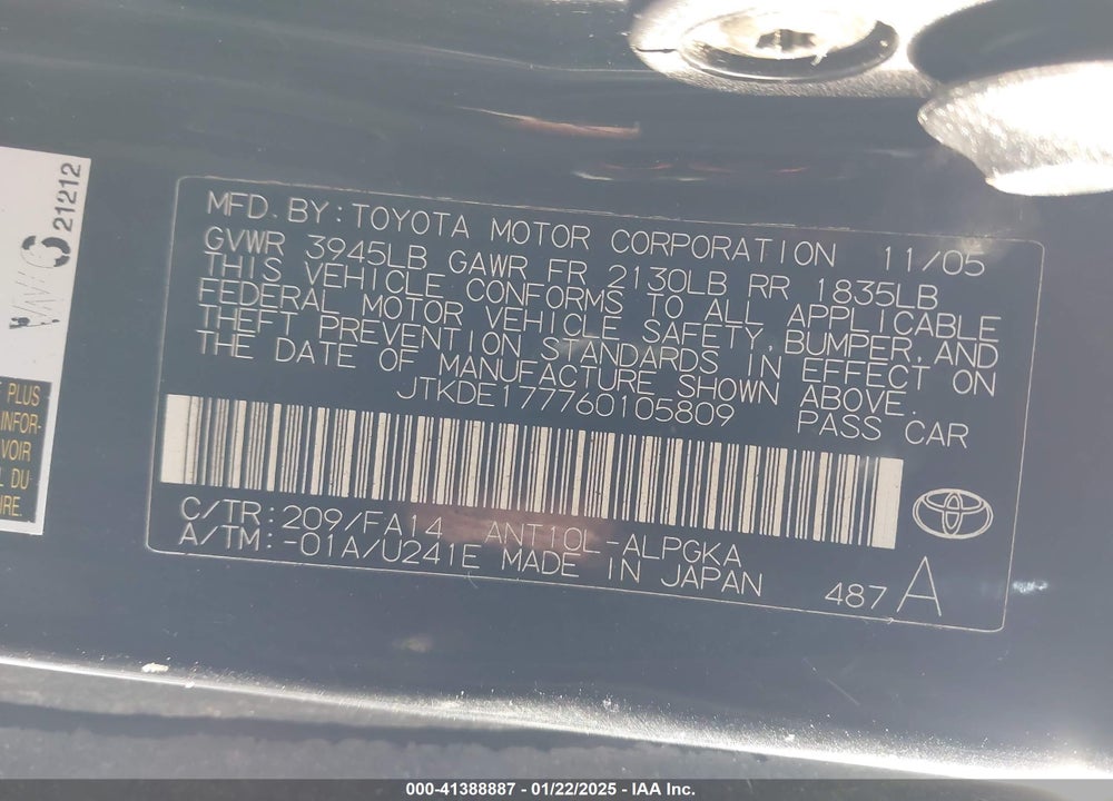 2006 SCION TC VIN: JTKDE177760105809
