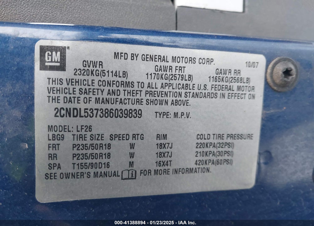 2008 CHEVROLET EQUINOX SPORT VIN: 2CNDL537386039839