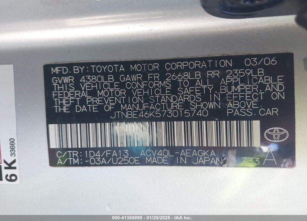 2007 TOYOTA CAMRY XLE VIN: JTNBE46K573015740