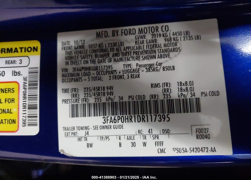 2013 FORD FUSION VIN: 3FA6P0HR1DR117395