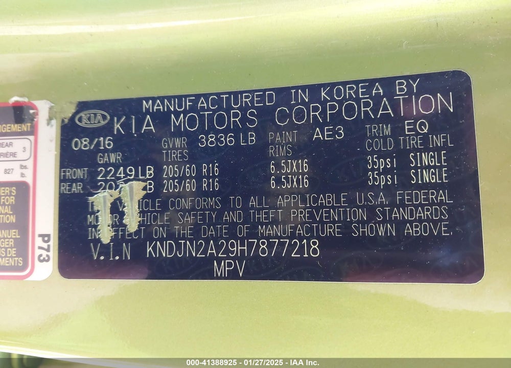 2017 KIA SOUL VIN: KNDJN2A29H7877218