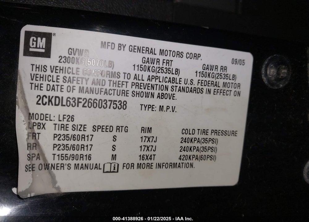 2006 PONTIAC TORRENT VIN: 2CKDL63F266037538