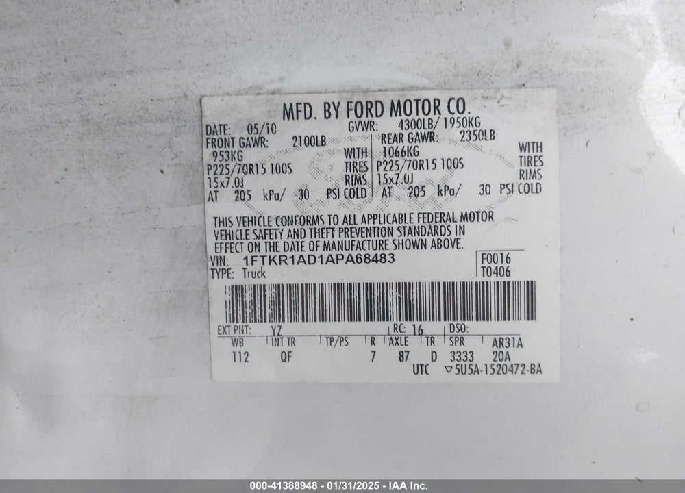 2010 FORD RANGER VIN: 1FTKR1AD1APA68483