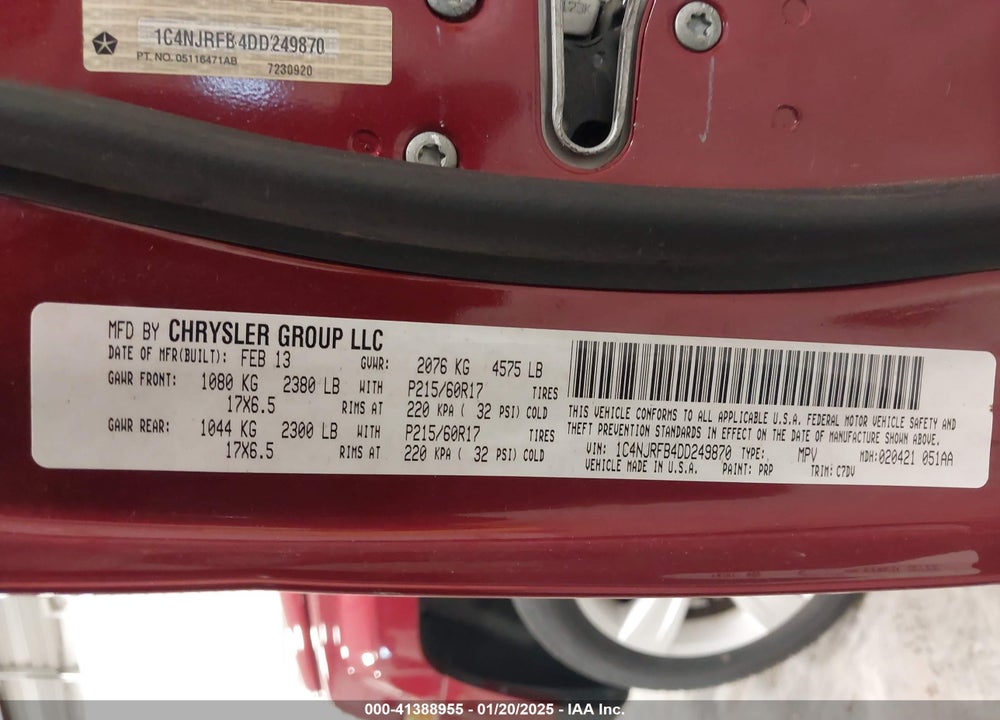 2013 JEEP PATRIOT LATITUDE VIN: 1C4NJRFB4DD249870