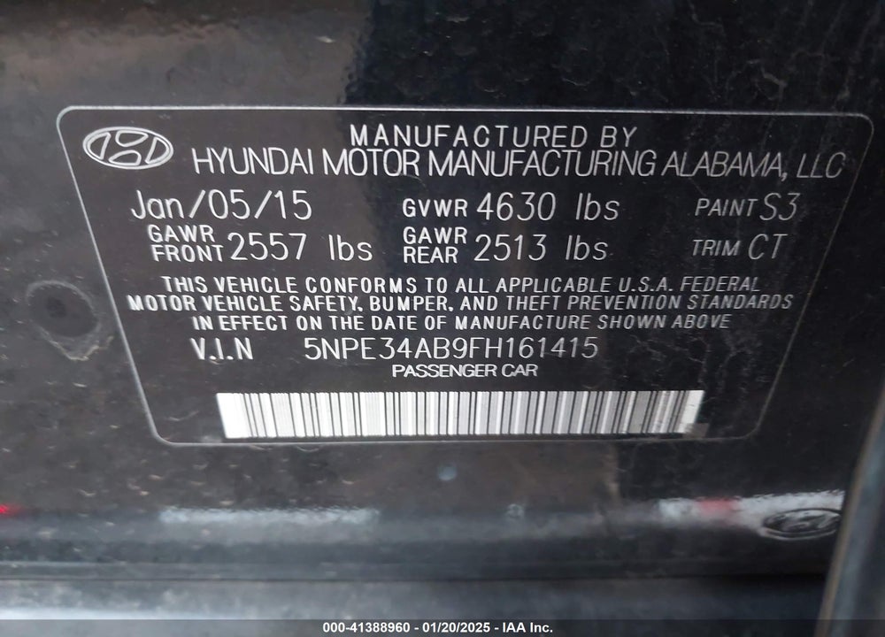 2015 HYUNDAI SONATA LIMITED 2.0T VIN: 5NPE34AB9FH161415