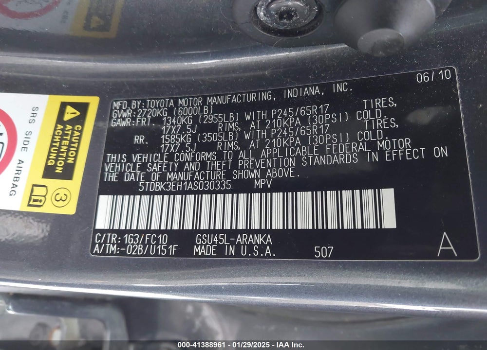 2010 TOYOTA HIGHLANDER BASE V6 VIN: 5TDBK3EH1AS030335