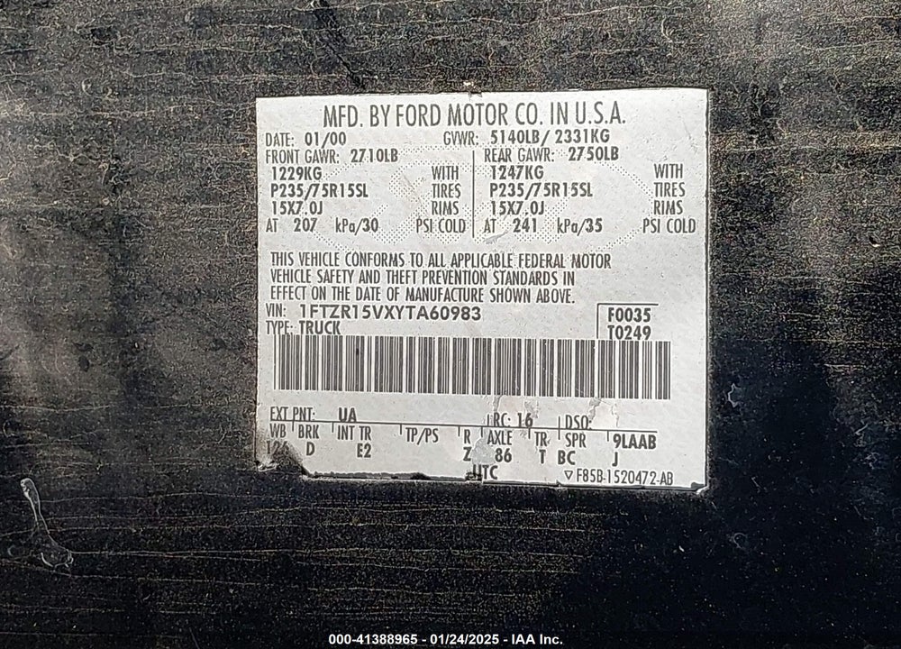 2000 FORD RANGER XL/XLT VIN: 1FTZR15VXYTA60983