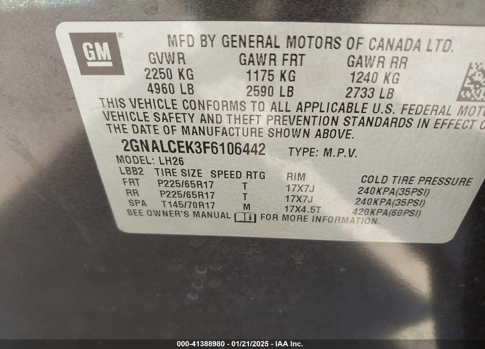 2015 CHEVROLET EQUINOX 2LT VIN: 2GNALCEK3F6106442
