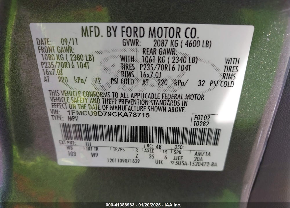 2012 FORD ESCAPE XLT VIN: 1FMCU9D79CKA78715