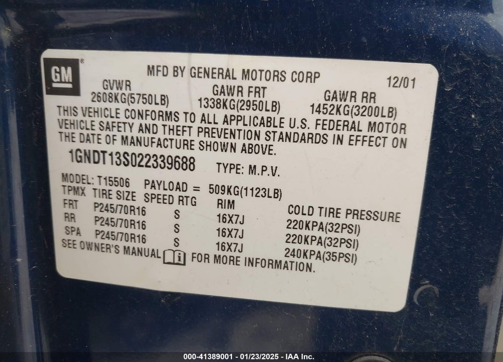2002 CHEVROLET TRAILBLAZER LS VIN: 1GNDT13S022339688