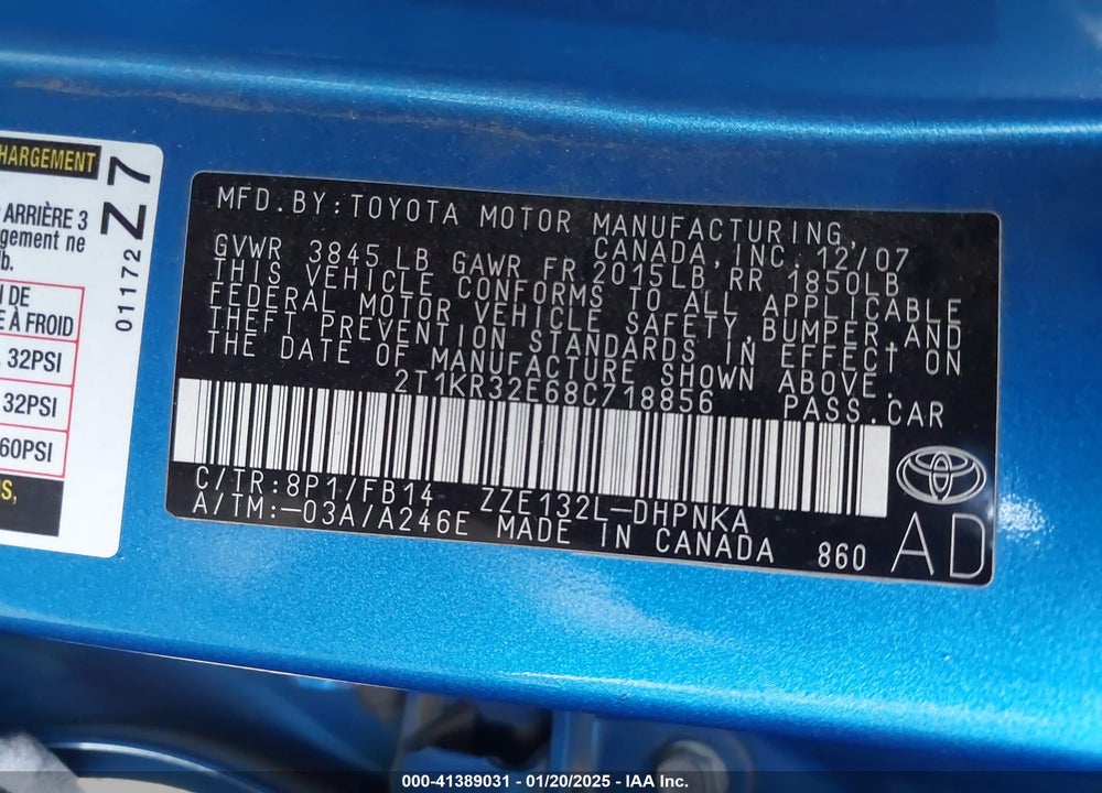 2008 TOYOTA MATRIX/XR VIN: 2T1KR32E68C718856