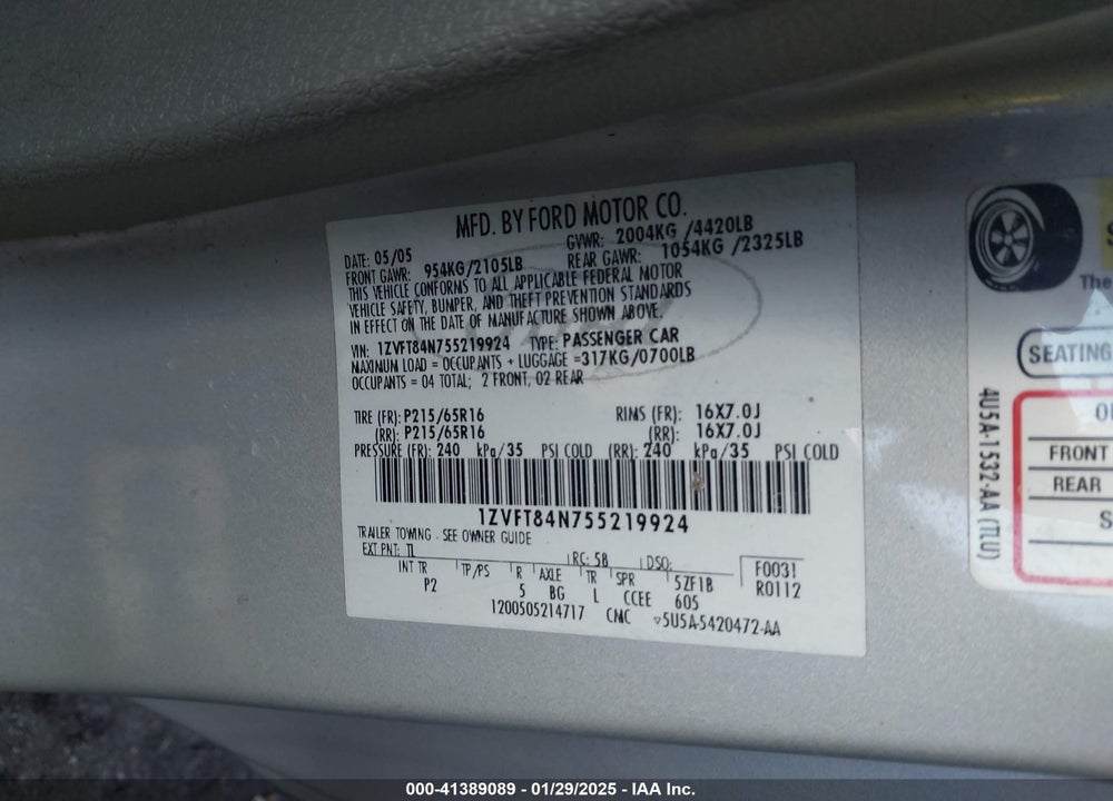 2005 FORD MUSTANG VIN: 1ZVFT84N755219924