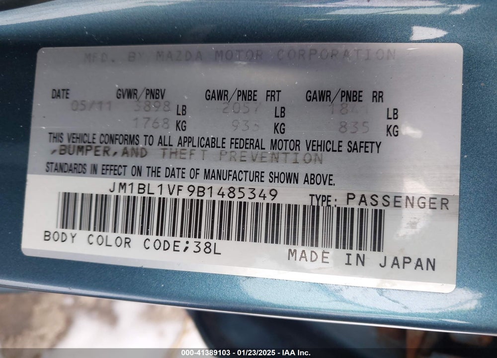 2011 MAZDA MAZDA3 VIN: JM1BL1VF9B1485349