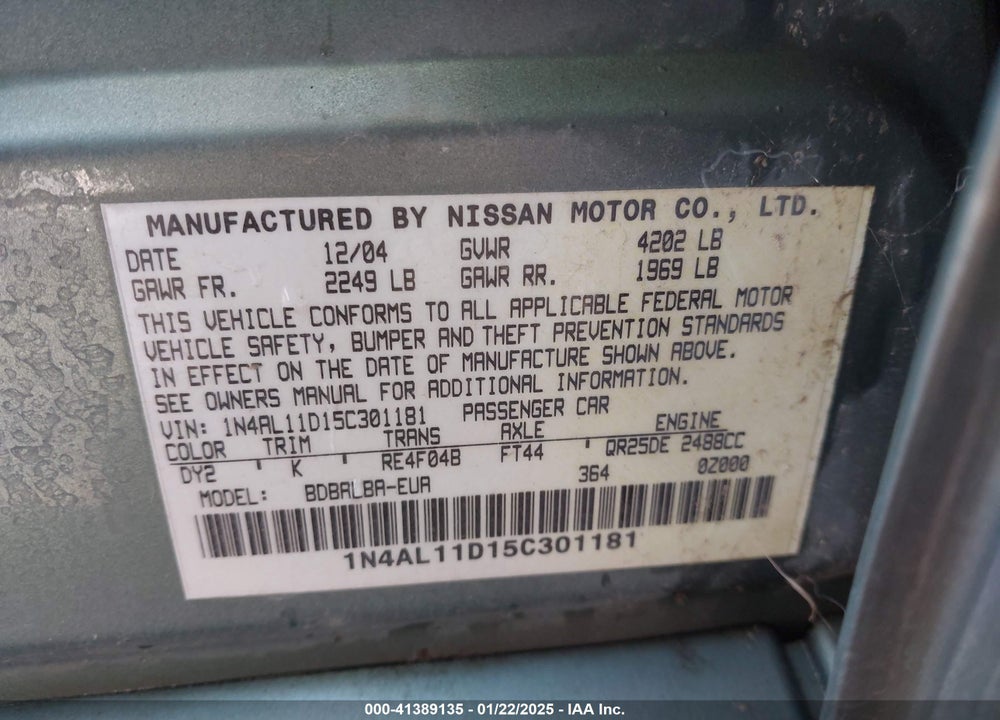 2005 NISSAN ALTIMA 2.5 S VIN: 1N4AL11D15C301181