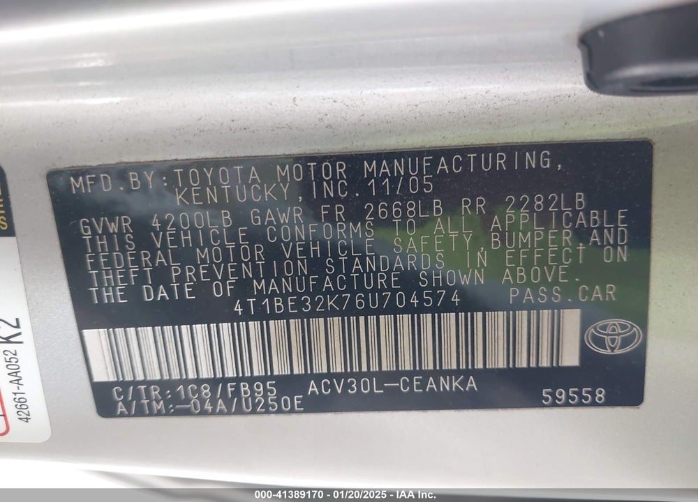 2006 TOYOTA CAMRY VIN: 4T1BE32K76U704574