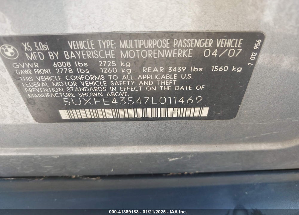 2007 BMW X5 3.0SI VIN: 5UXFE43547L011469