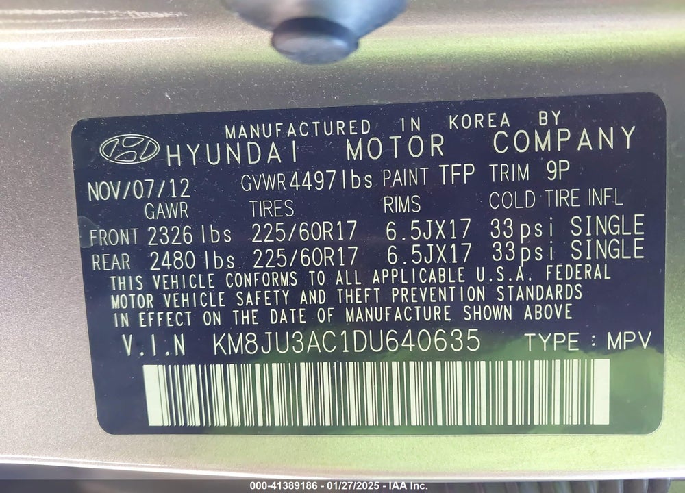 2013 HYUNDAI TUCSON VIN: KM8JU3AC1DU640635