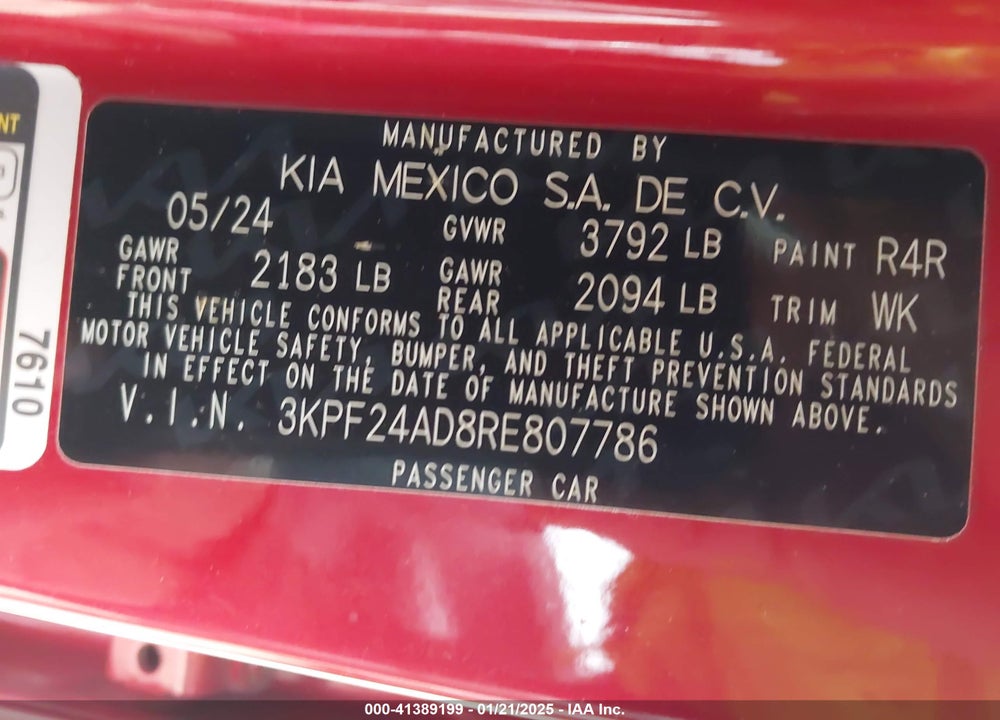 2024 KIA FORTE LXS VIN: 3KPF24AD8RE807786