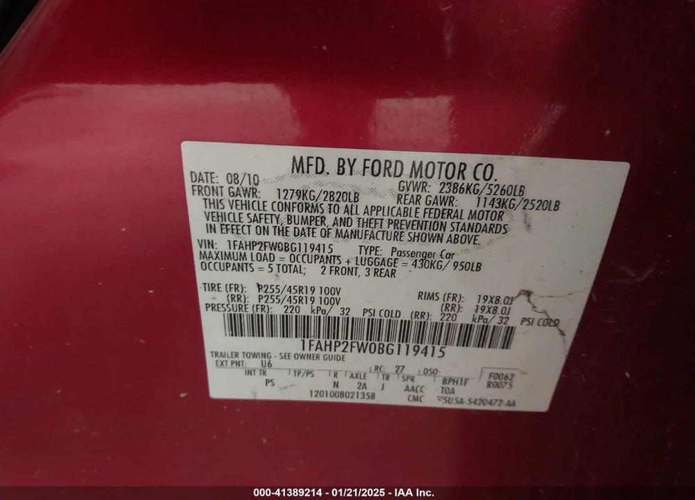 2011 FORD TAURUS VIN: 1FAHP2FW0BG119415
