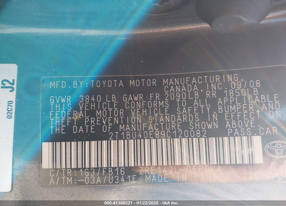 2009 TOYOTA COROLLA VIN: 2T1BU40E89C120082