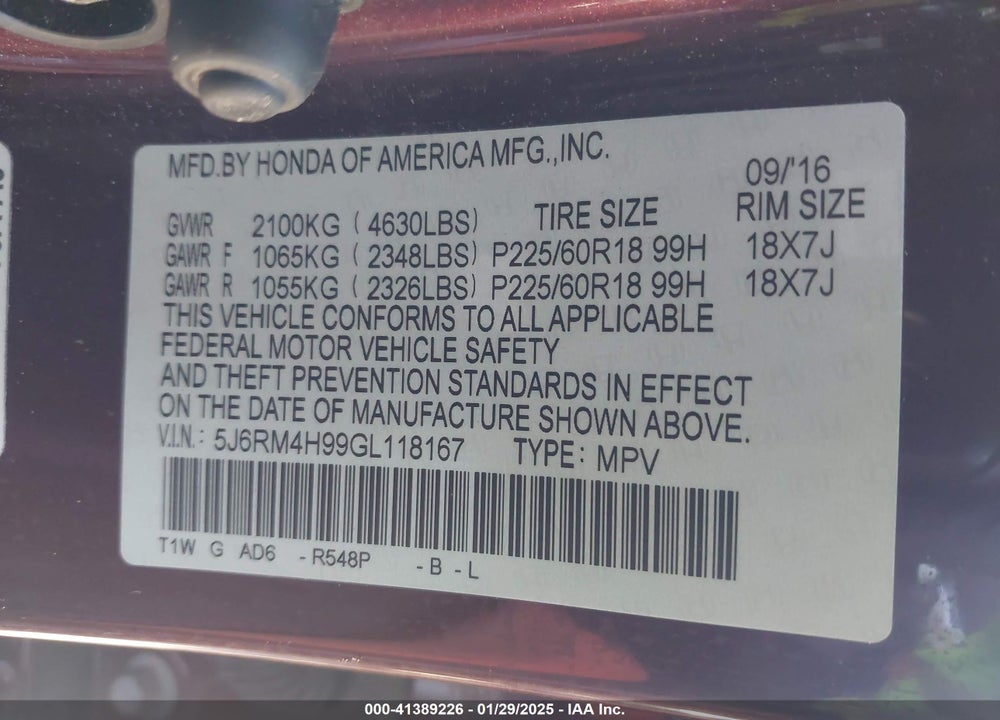 2016 HONDA CR-V TOURING VIN: 5J6RM4H99GL118167