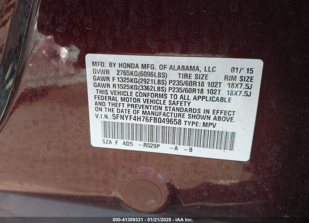 2015 HONDA PILOT EX-L VIN: 5FNYF4H76FB049658