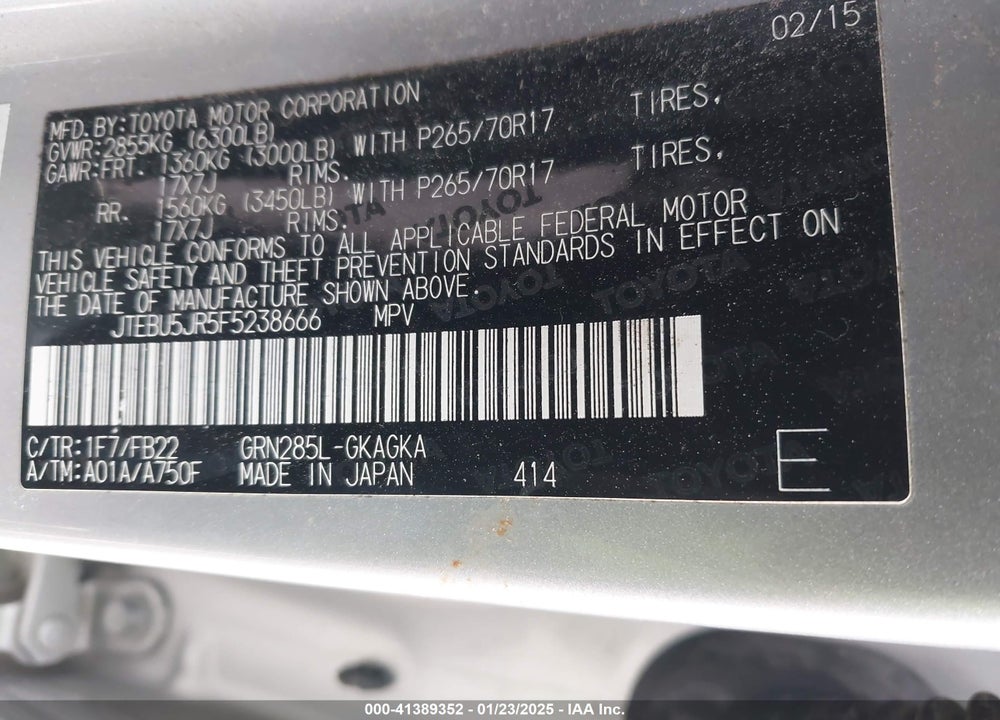 2015 TOYOTA 4RUNNER SR5 VIN: JTEBU5JR5F5238666