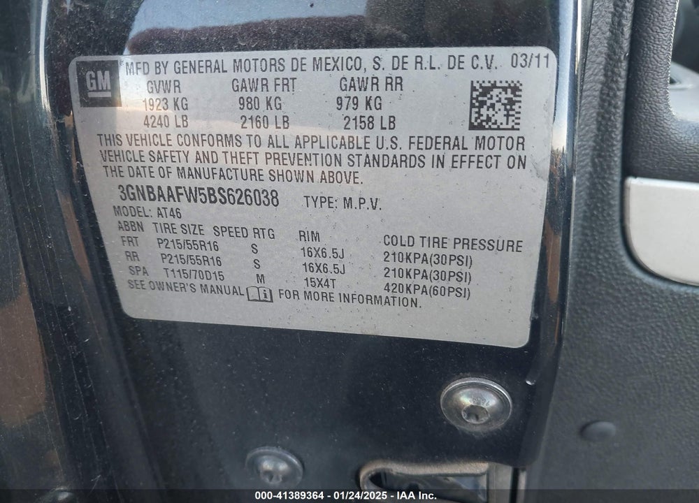 2011 CHEVROLET HHR LS VIN: 3GNBAAFW5BS626038