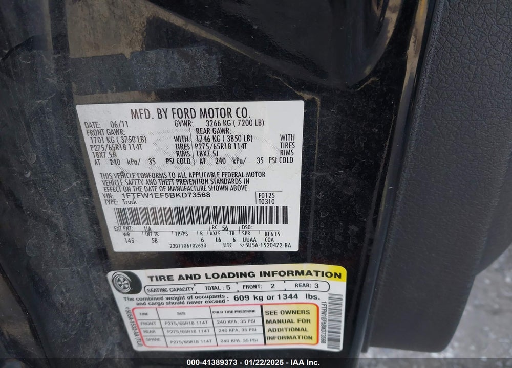 2011 FORD F-150 FX4 VIN: 1FTFW1EF5BKD73568