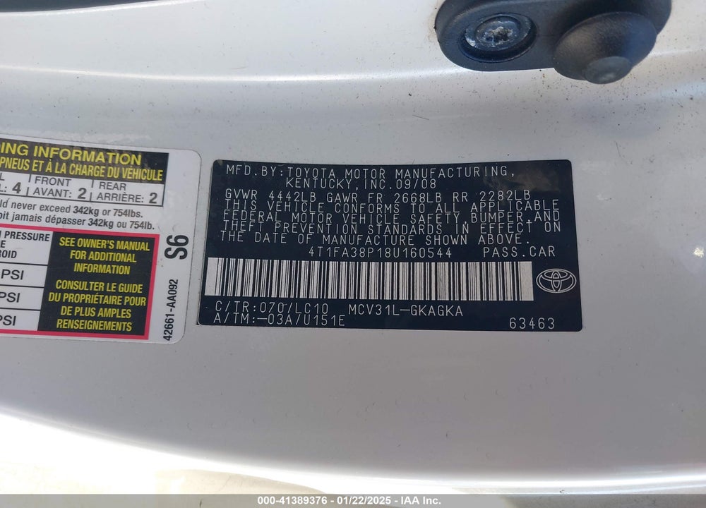 2008 TOYOTA CAMRY SOLARA SLE VIN: 4T1FA38P18U160544